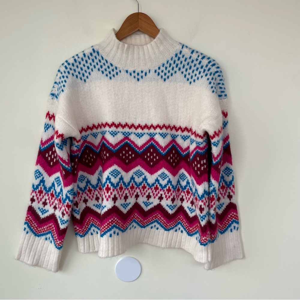 LOFT Whisper White Fair Isle Wide Sleeve Mock Neck Sweater M Medium Pink Blue - Picture 2 of 8